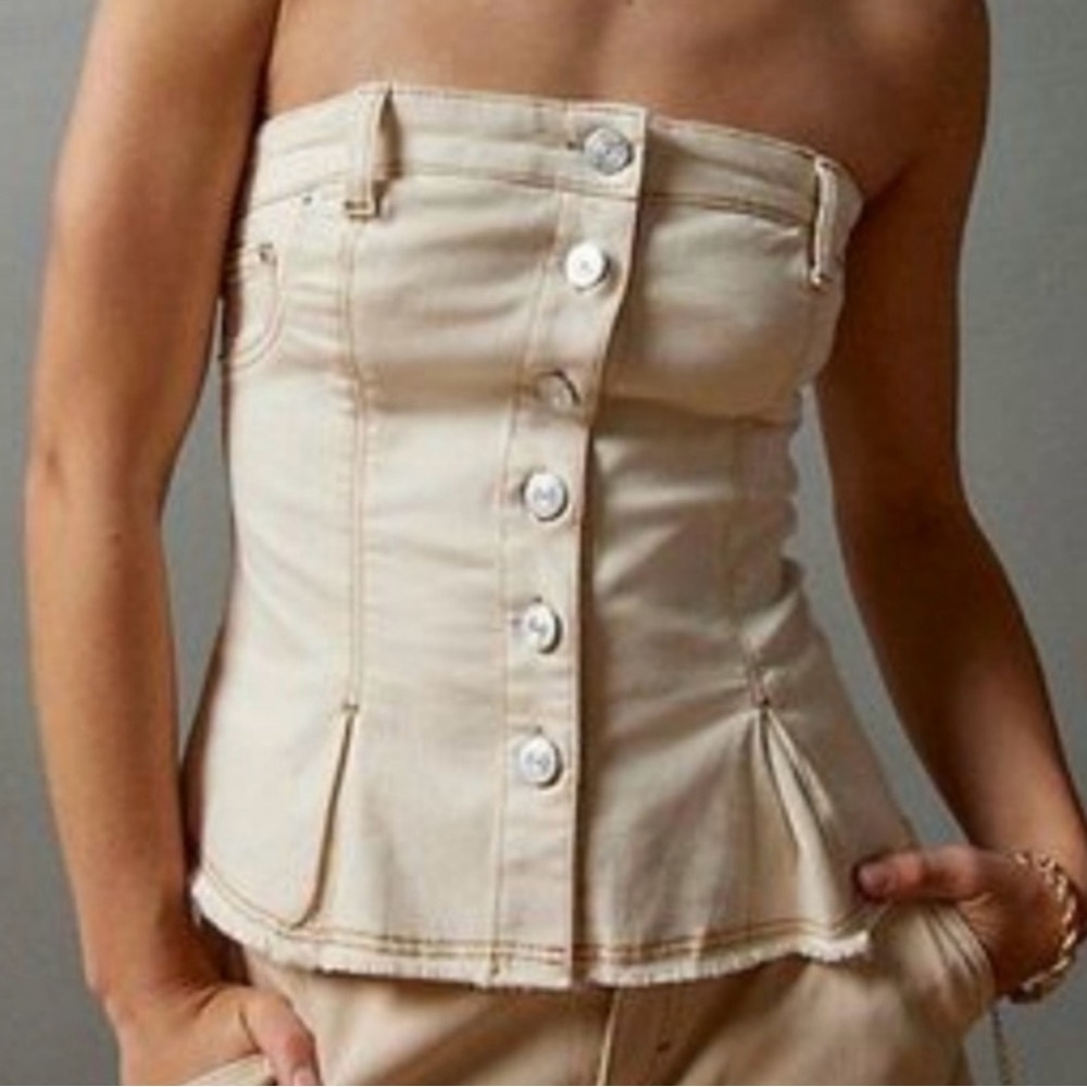 NWT BDG Cream Denim Jean Lace-Up Button Down Corset Top